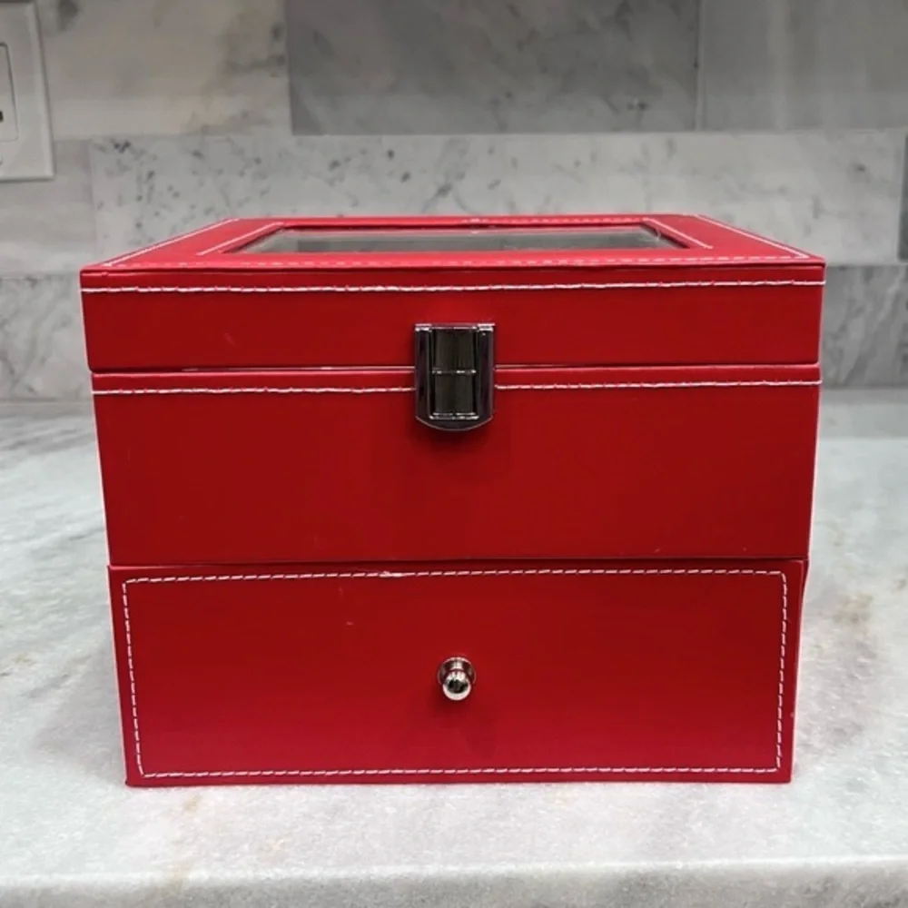 2 TIER Coral Red Faux Leather Watch Box